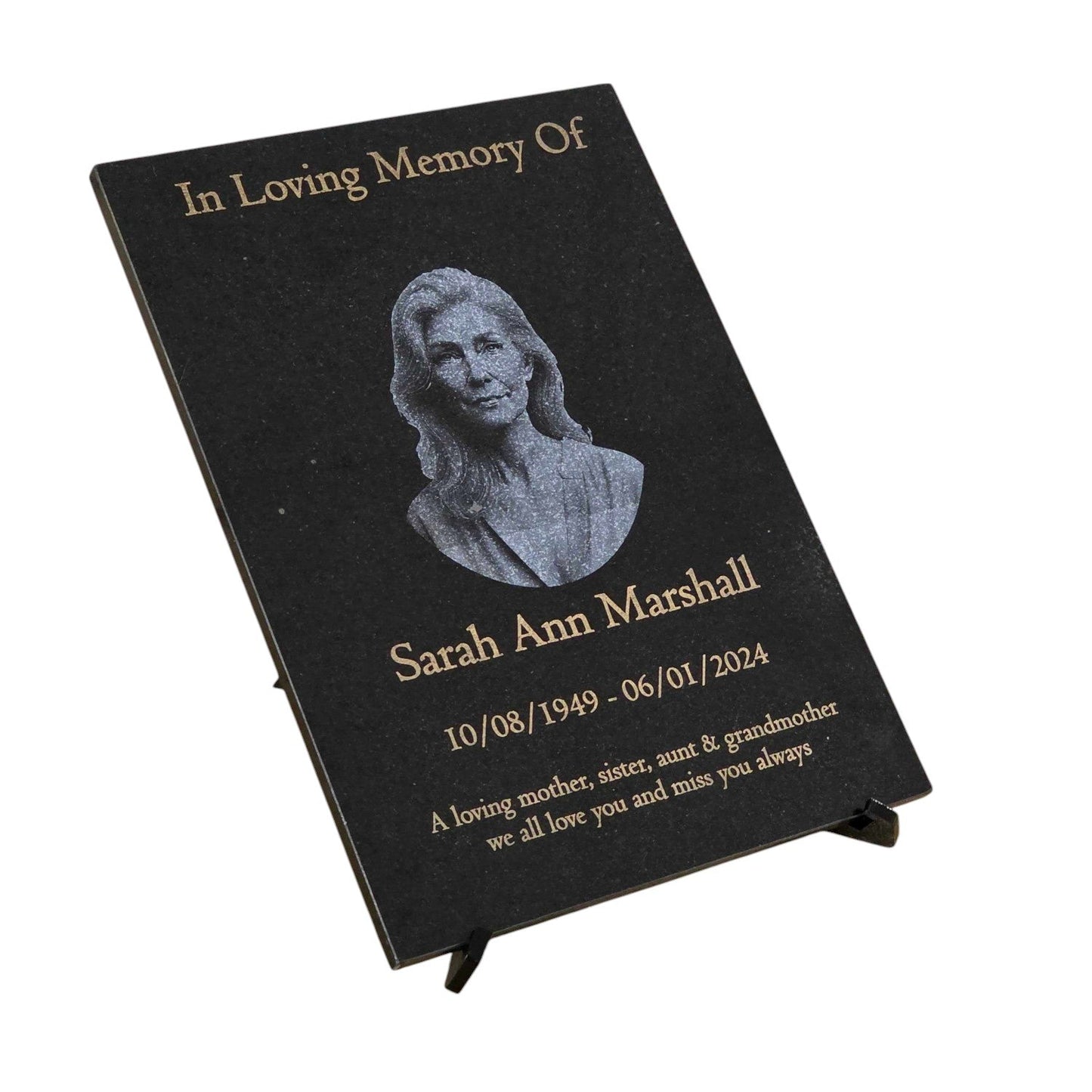 Granite Memorial Etched Portrait Plaque, Add a Portrait, Personalised Text and Stand Included