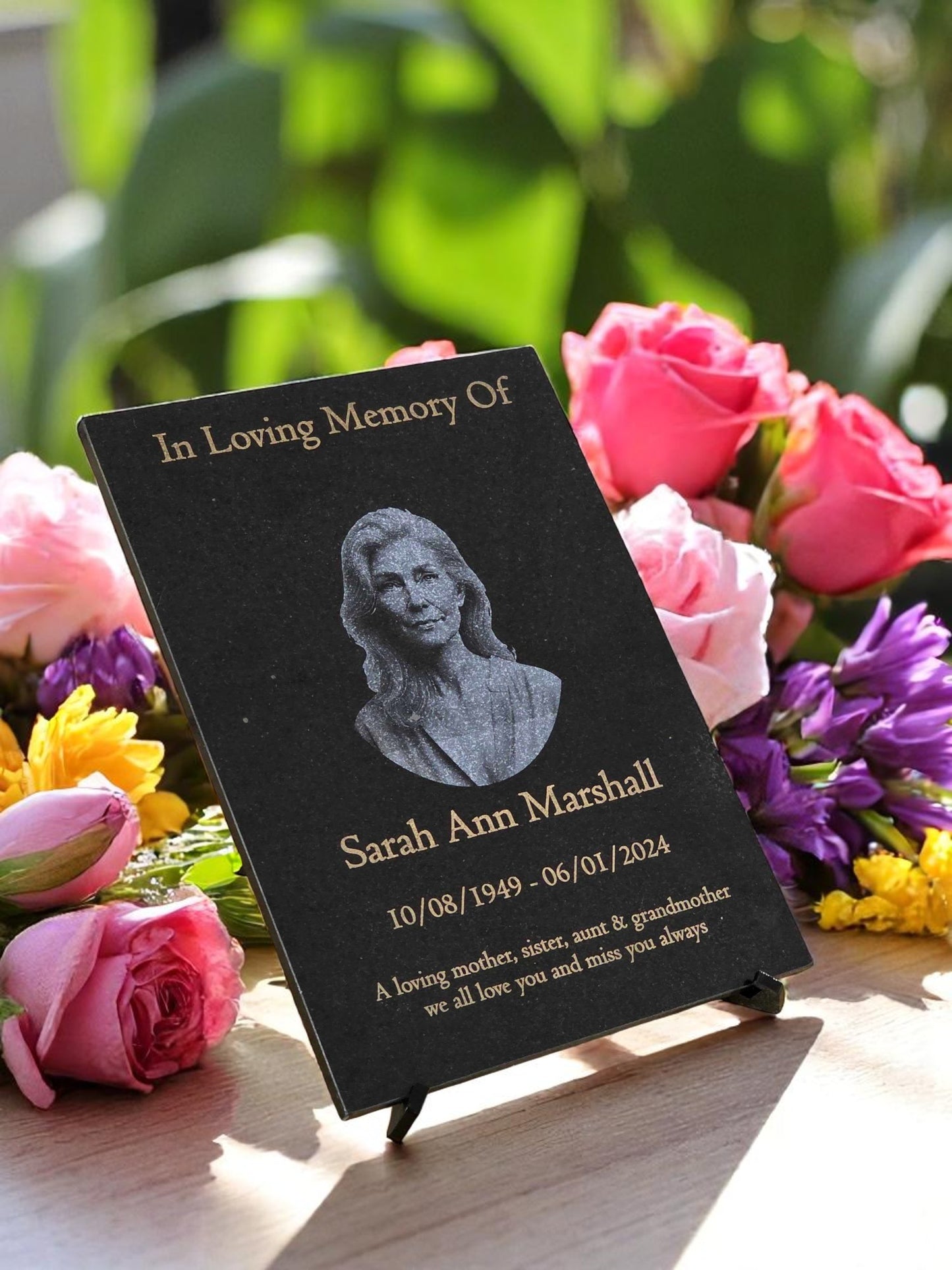 Granite Memorial Etched Portrait Plaque, Add a Portrait, Personalised Text and Stand Included