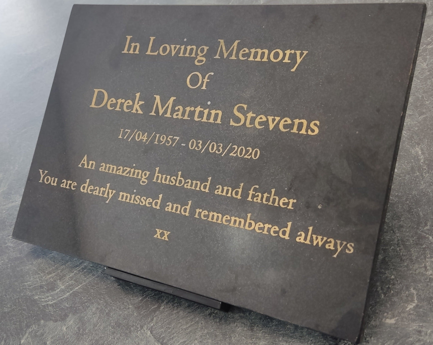 Granite Memorial Plaque, Personalised, Stand Incluced