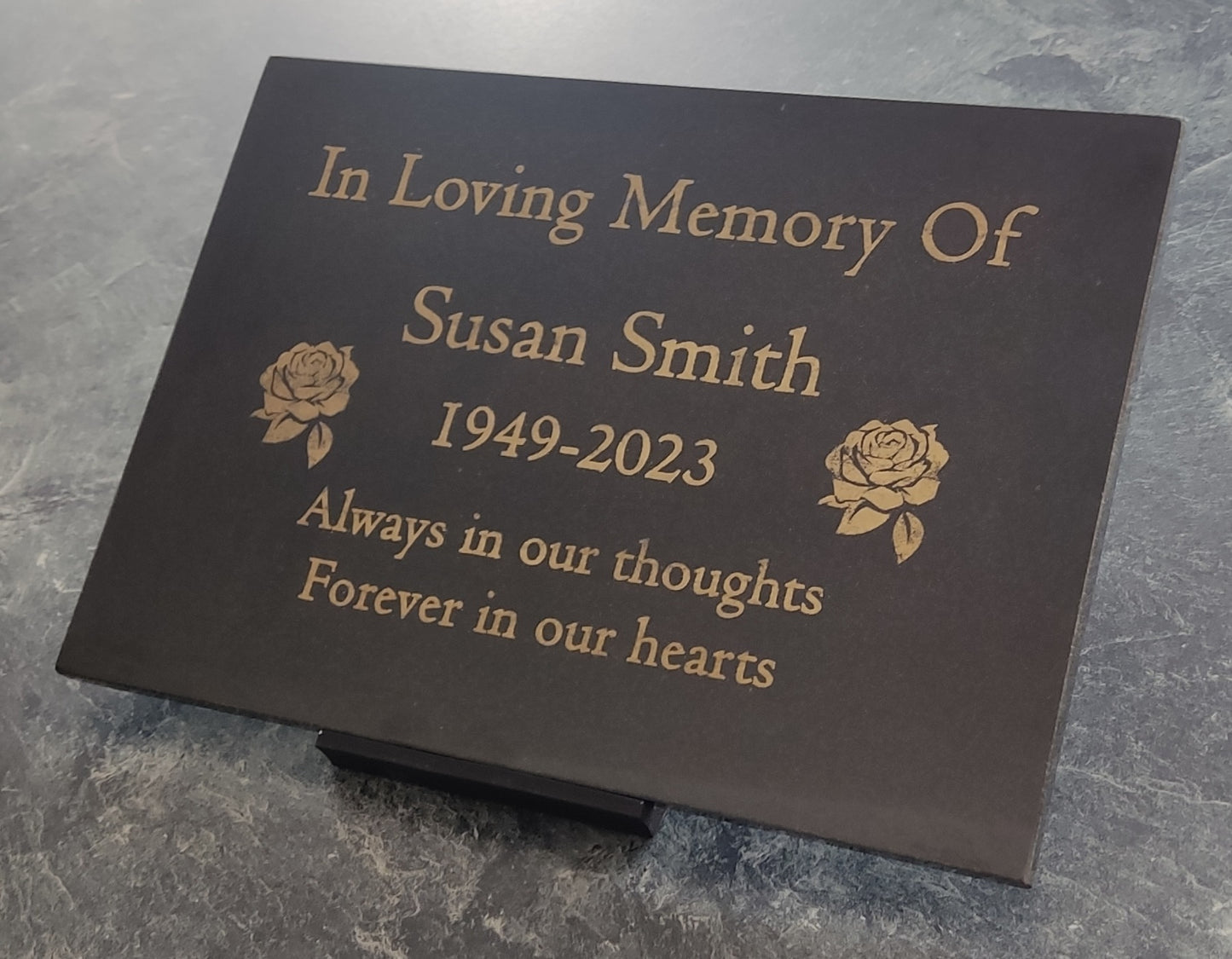 Granite Memorial Plaque, Roses, Personalised, Stand Incluced