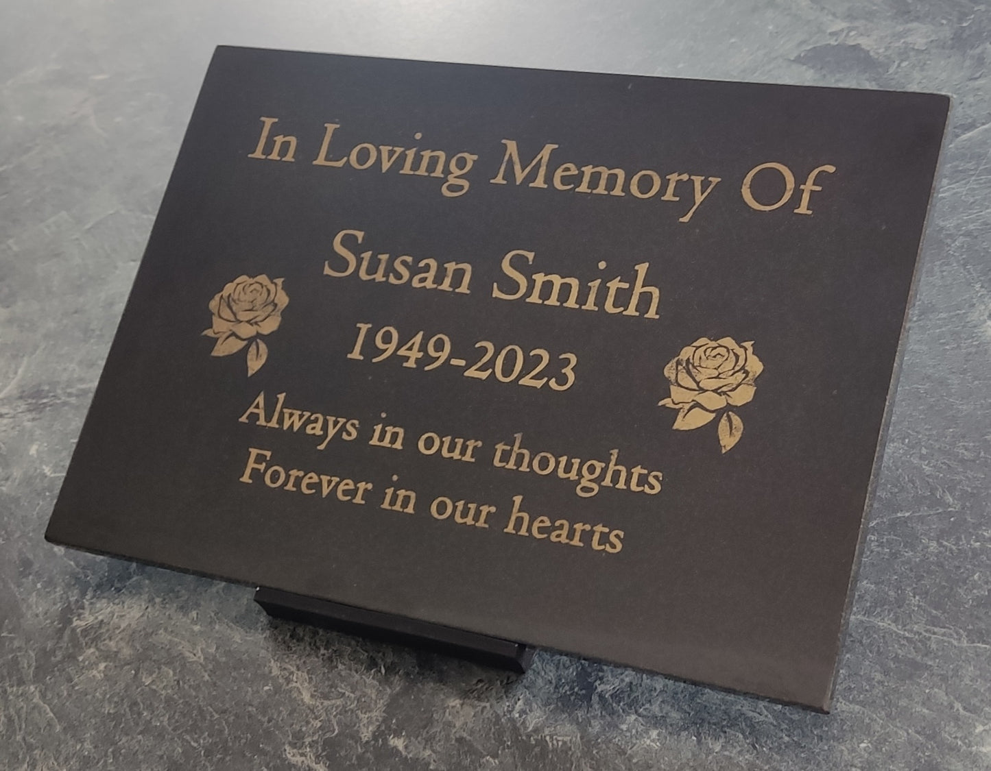 Granite Memorial Plaque, Roses, Personalised, Stand Included