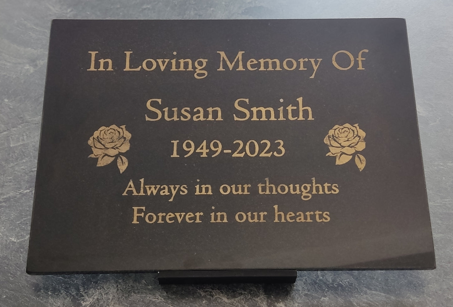 Granite Memorial Plaque, Roses, Personalised, Stand Incluced