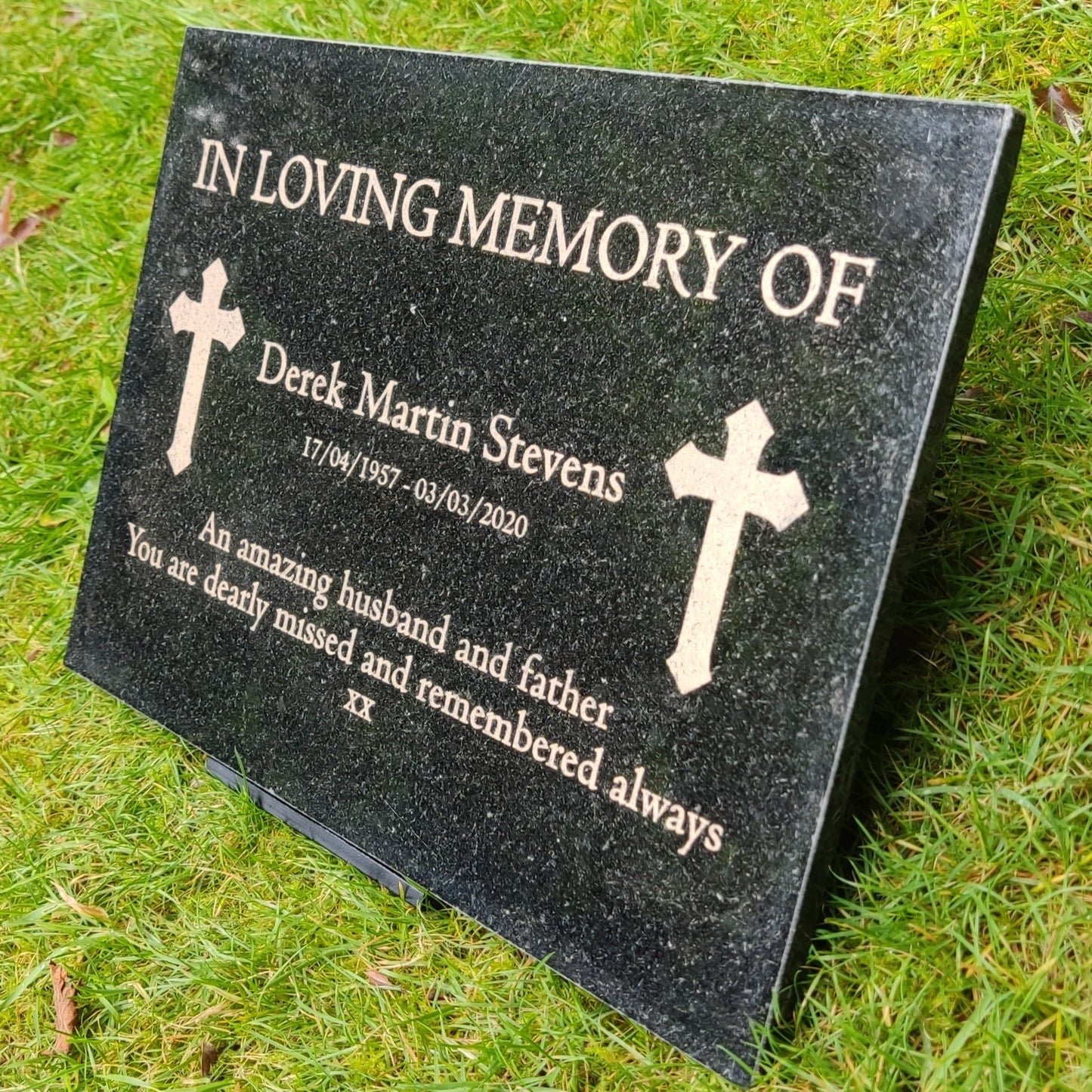 Granite Memorial Plaque, Cross, Personalised, Stand Incluced