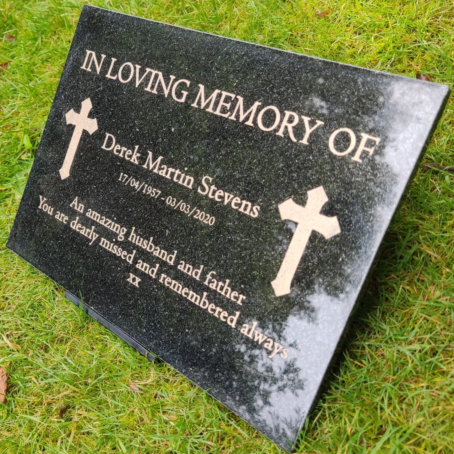 Granite Memorial Plaque, Cross, Personalised, Stand Incluced