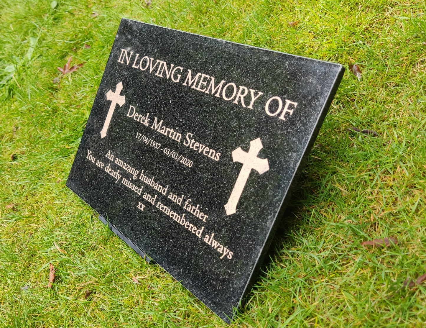 Granite Memorial Plaque, Cross, Personalised, Stand Incluced