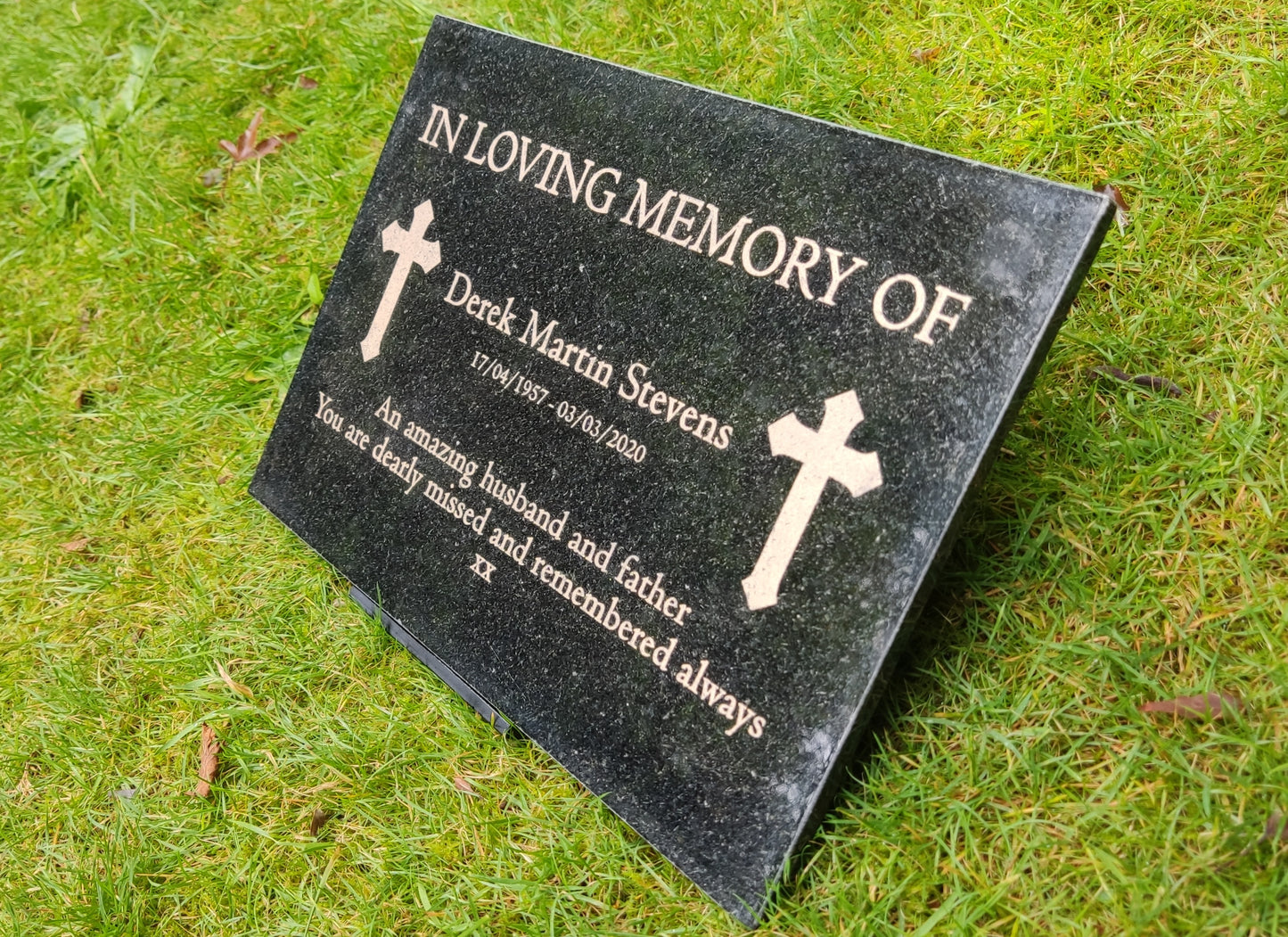 Granite Memorial Plaque, Cross, Personalised, Stand Incluced