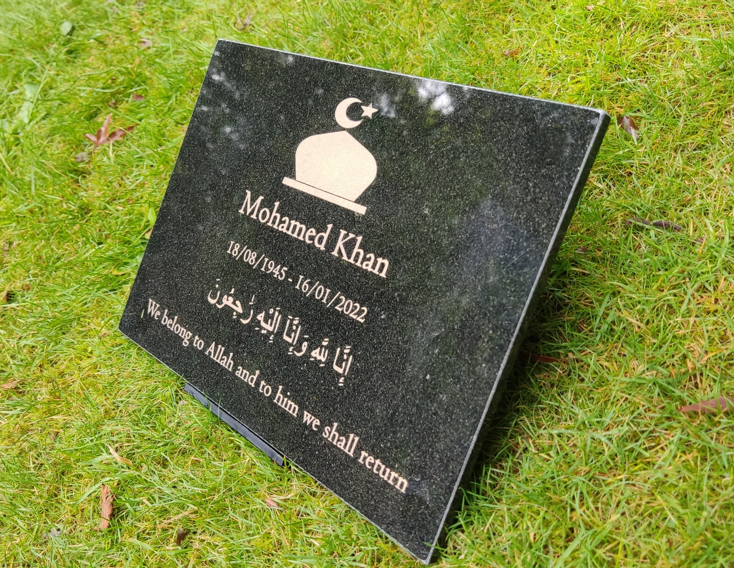 Granite Memorial Plaque, Islam, Personalised, Stand Incluced