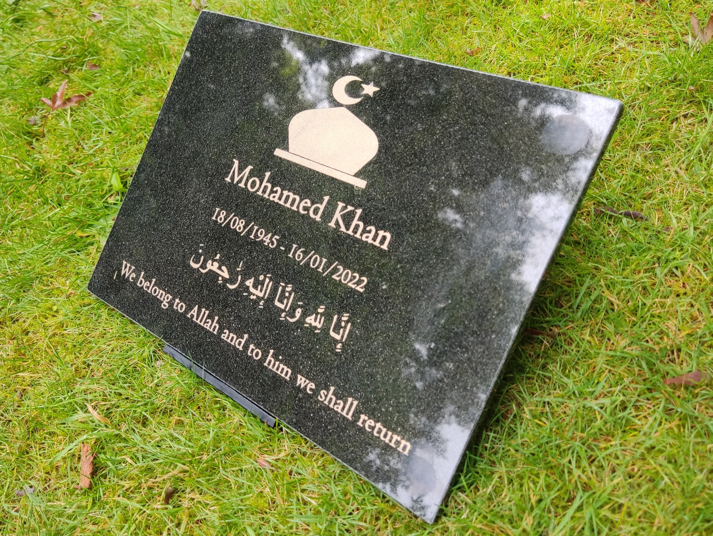 Granite Memorial Plaque, Islam, Personalised, Stand Incluced