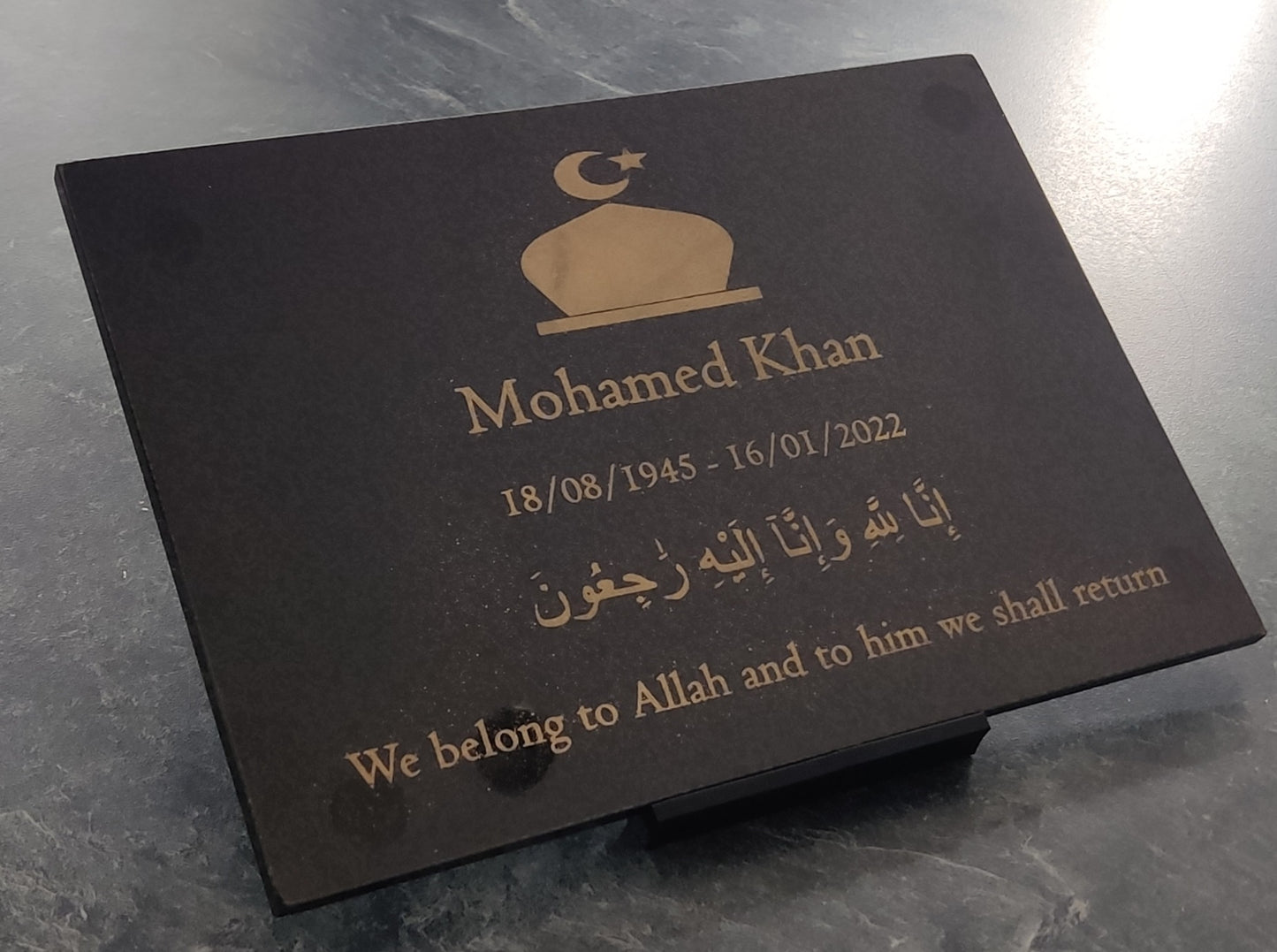 Granite Memorial Plaque, Islam, Personalised, Stand Incluced