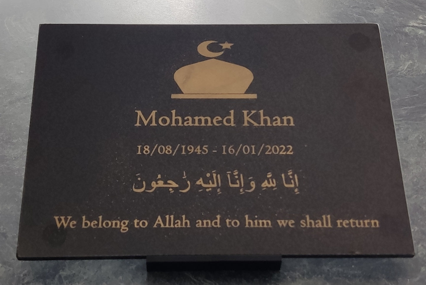 Granite Memorial Plaque, Islam, Personalised, Stand Incluced