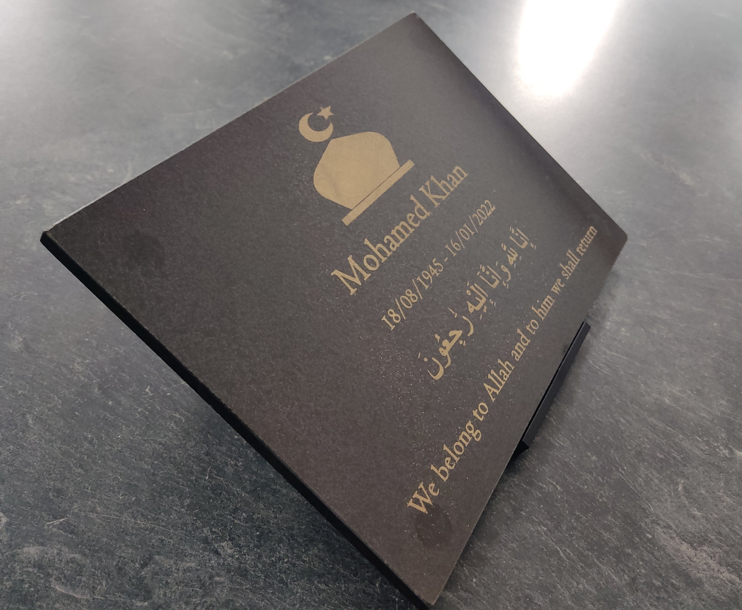 Granite Memorial Plaque, Islam, Personalised, Stand Included