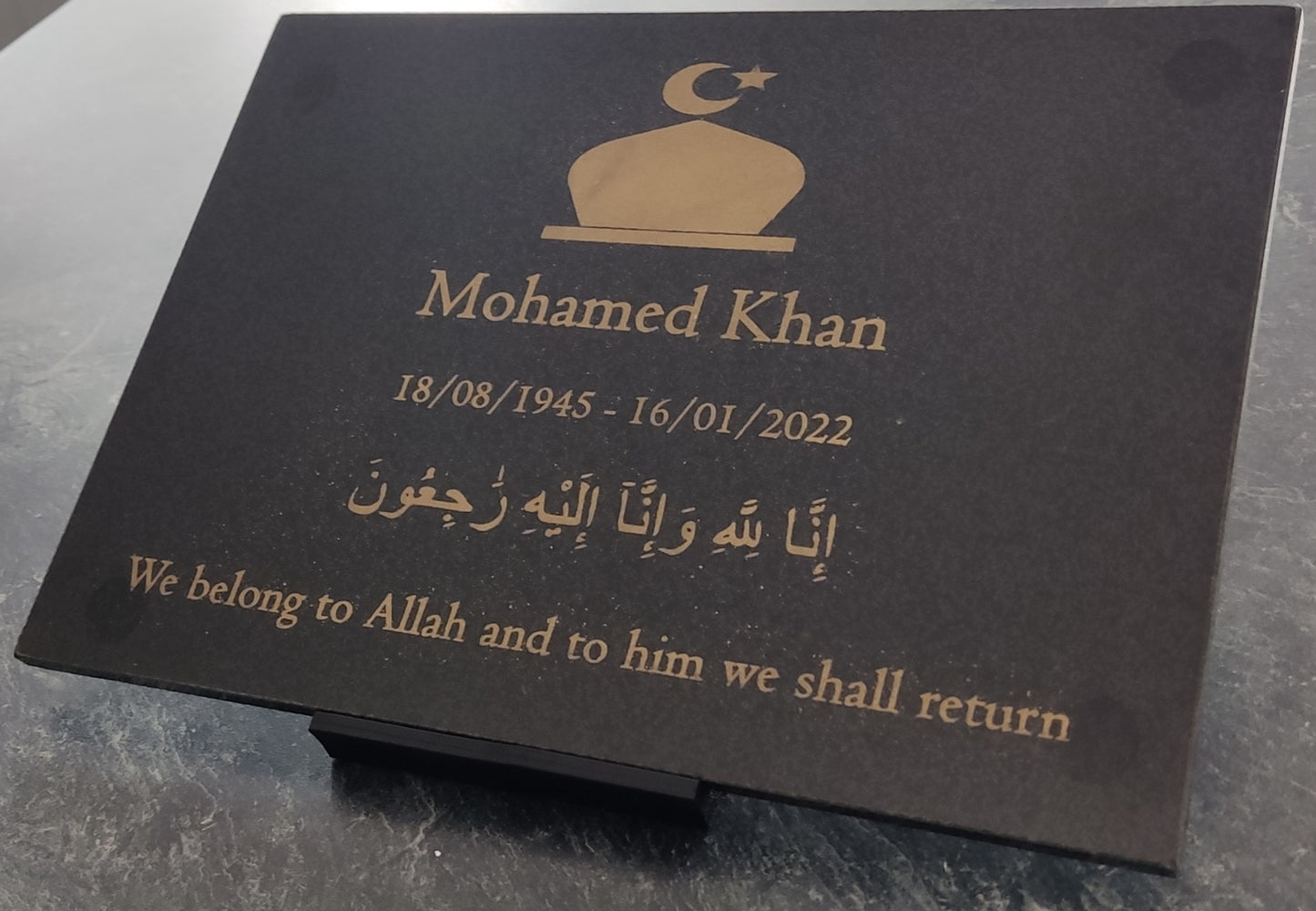 Granite Memorial Plaque, Islam, Personalised, Stand Included