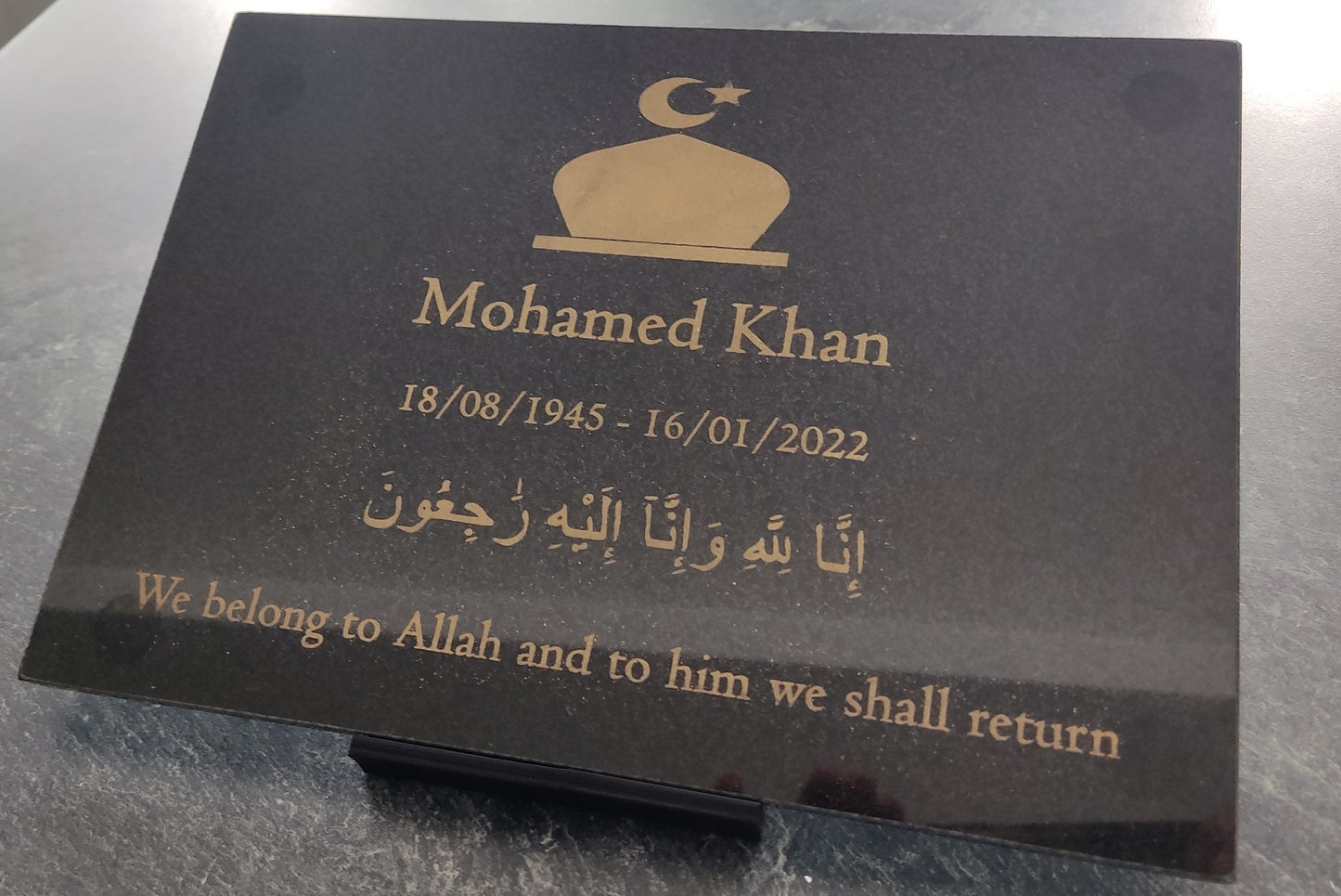 Granite Memorial Plaque, Islam, Personalised, Stand Incluced