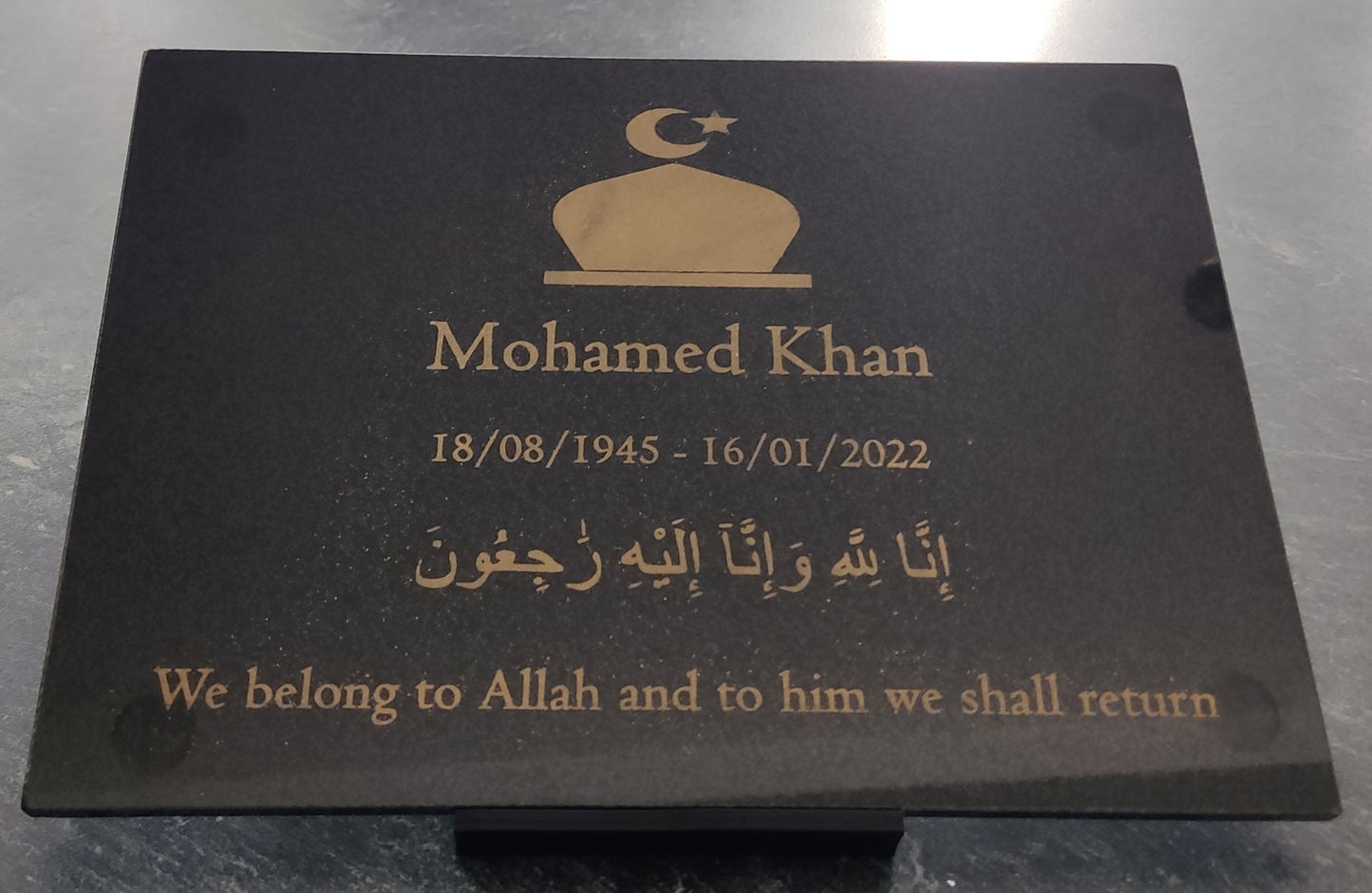 Granite Memorial Plaque, Islam, Personalised, Stand Incluced