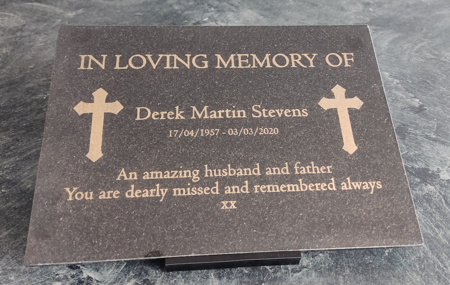 Granite Memorial Plaque, Cross, Personalised, Stand Incluced