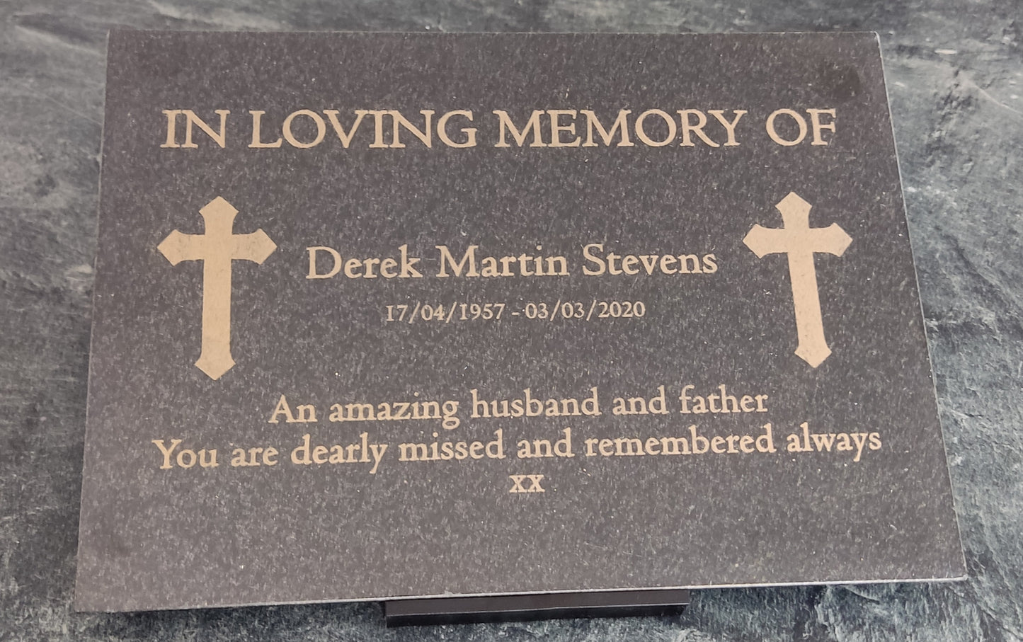 Granite Memorial Plaque, Cross, Personalised, Stand Incluced