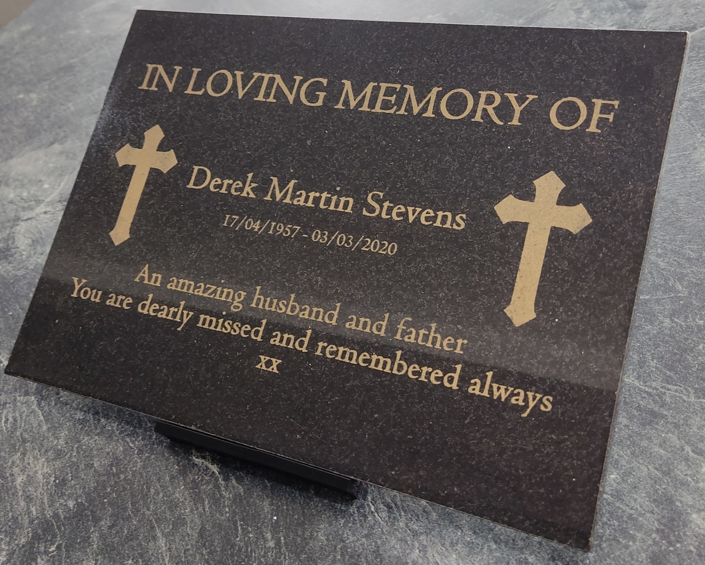 Granite Memorial Plaque, Cross, Personalised, Stand Incluced