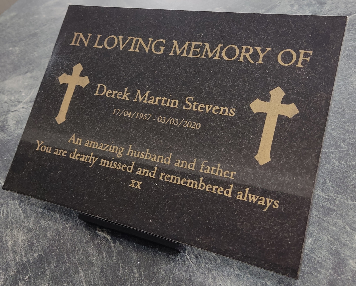 Granite Memorial Plaque, Cross, Personalised, Stand Included