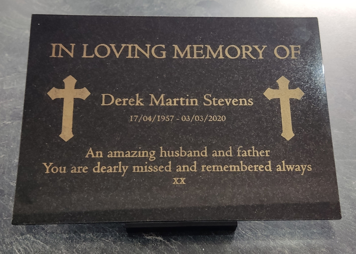 Granite Memorial Plaque, Cross, Personalised, Stand Incluced