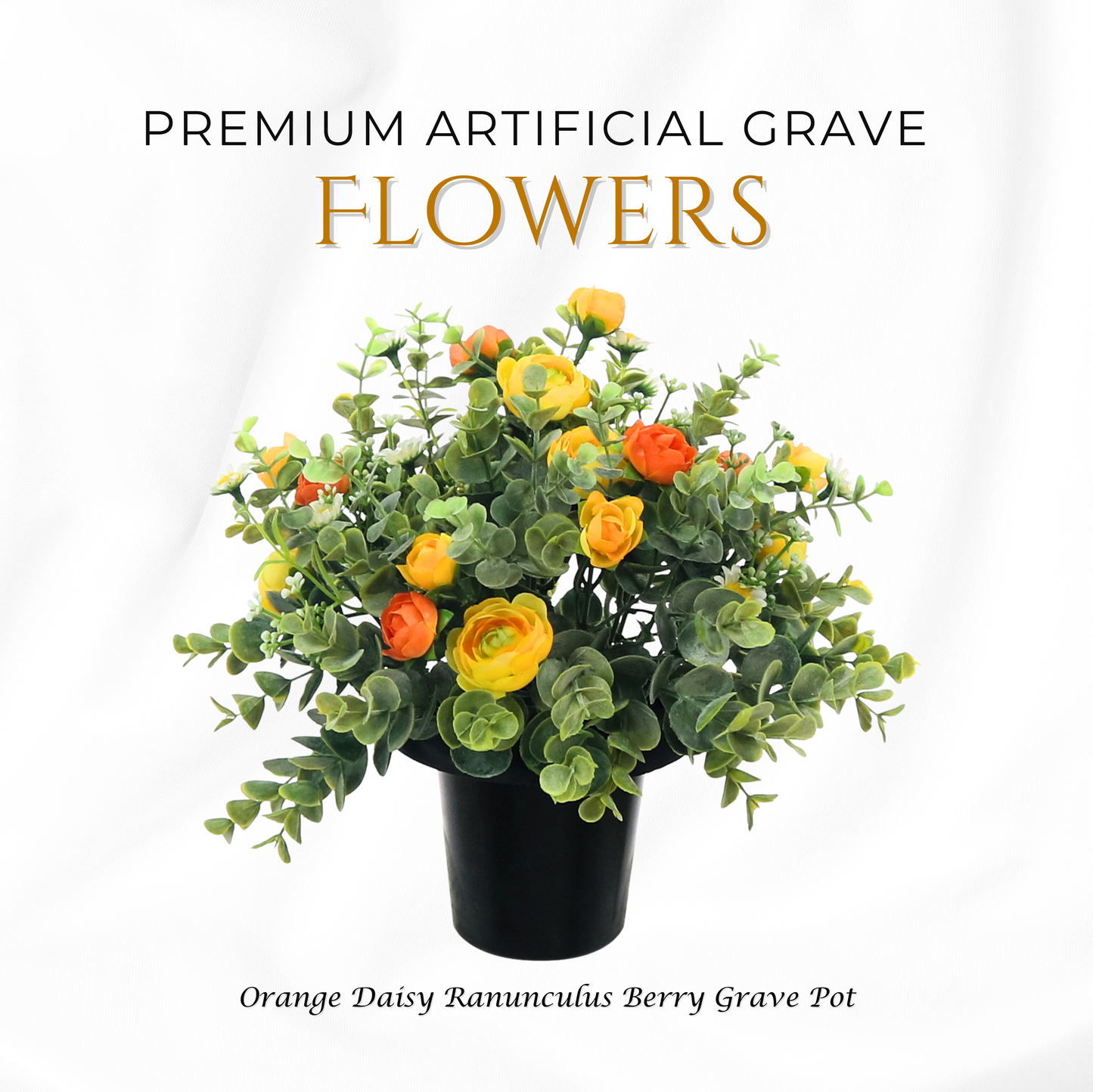 Premium Artificial Grave Flowers – Orange Daisies with Ranunculus & Berries (25cm) | Memorial Vase Pot