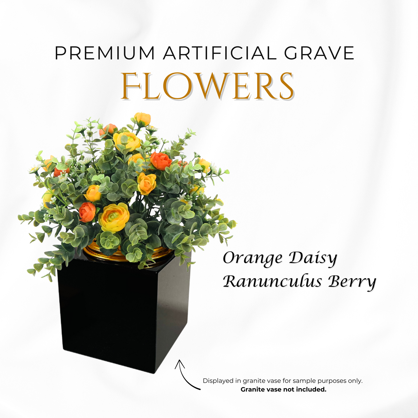 Premium Artificial Grave Flowers – Orange Daisies with Ranunculus & Berries (25cm) | Memorial Vase Pot