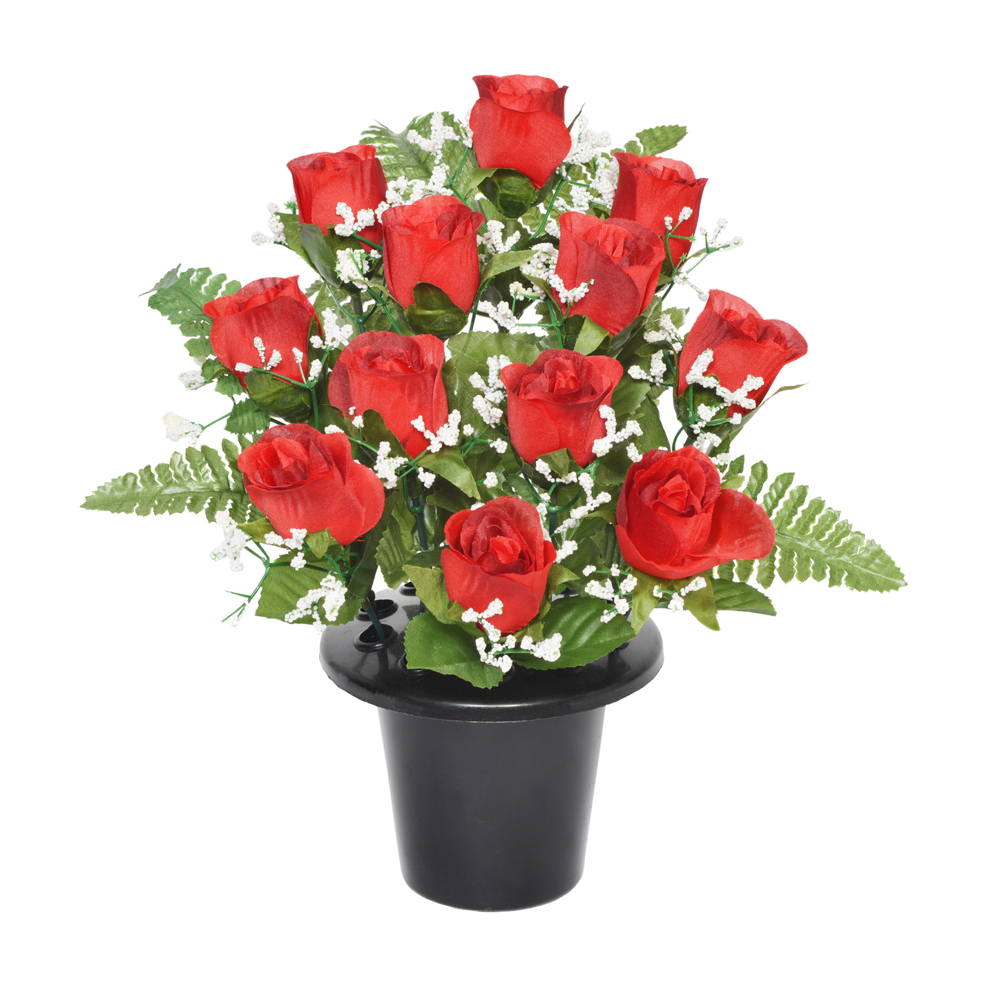 Premium Artificial Grave Flowers – 29cm Red Frontal Rosebud With Fern & Gypsophila | Memorial Vase Pot