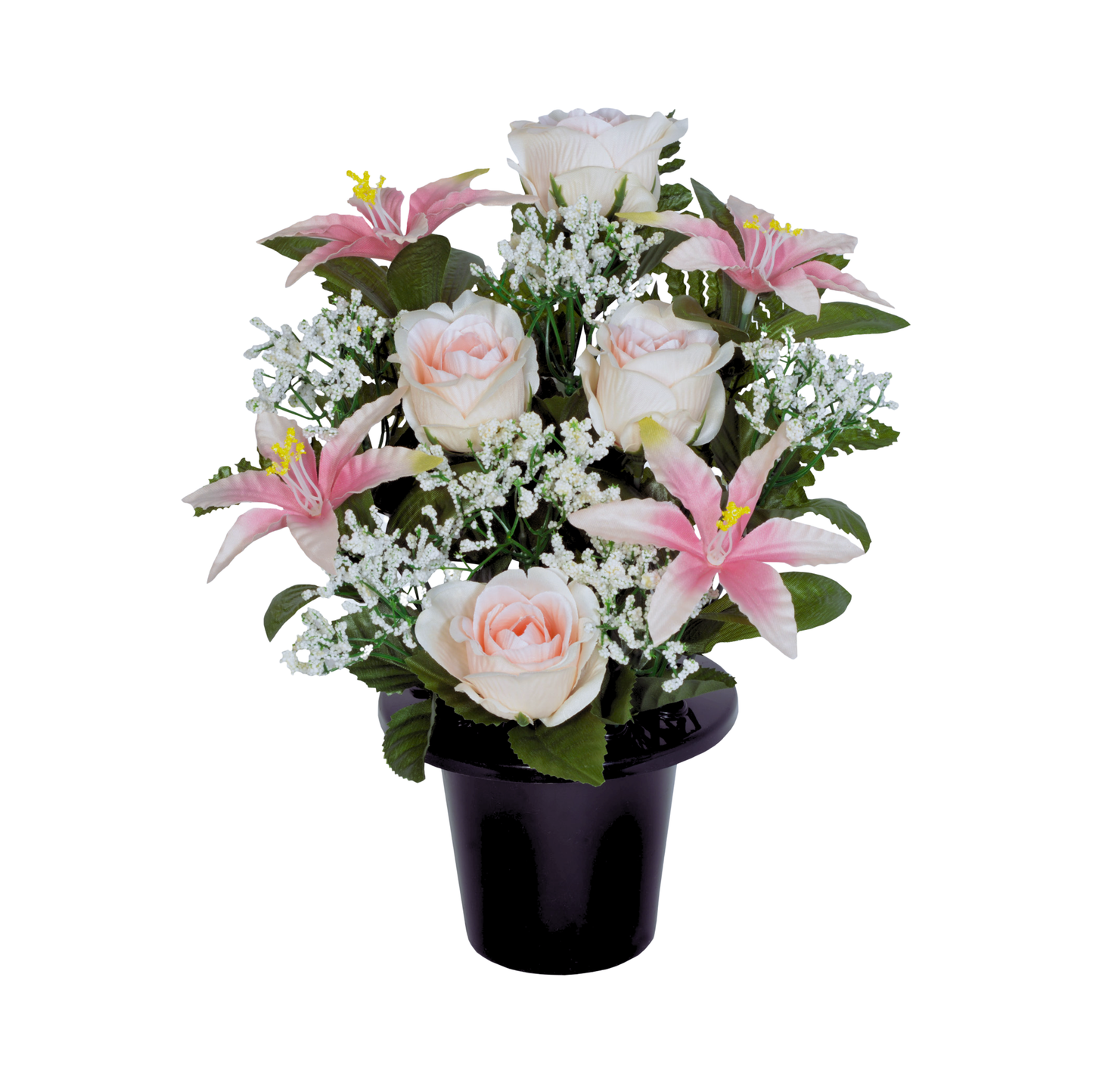 Premium Artificial Grave Flowers – 29cm Pink Frontal Lily With Rose & Fern & Gypsophila | Memorial Vase Pot
