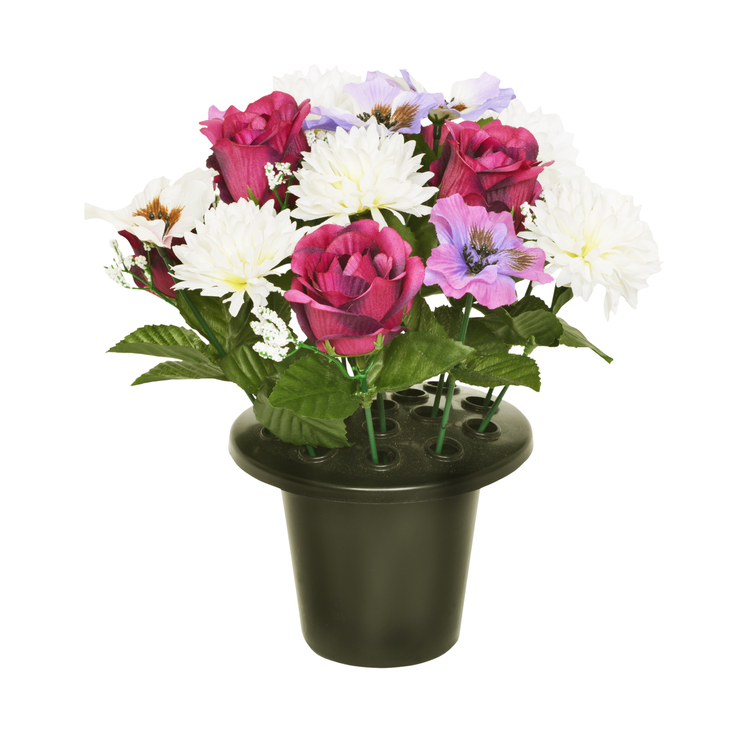 Premium Artificial Grave Flowers – 25cm Purple Rose With Chrysanthemum & Pansy | Memorial Vase Pot