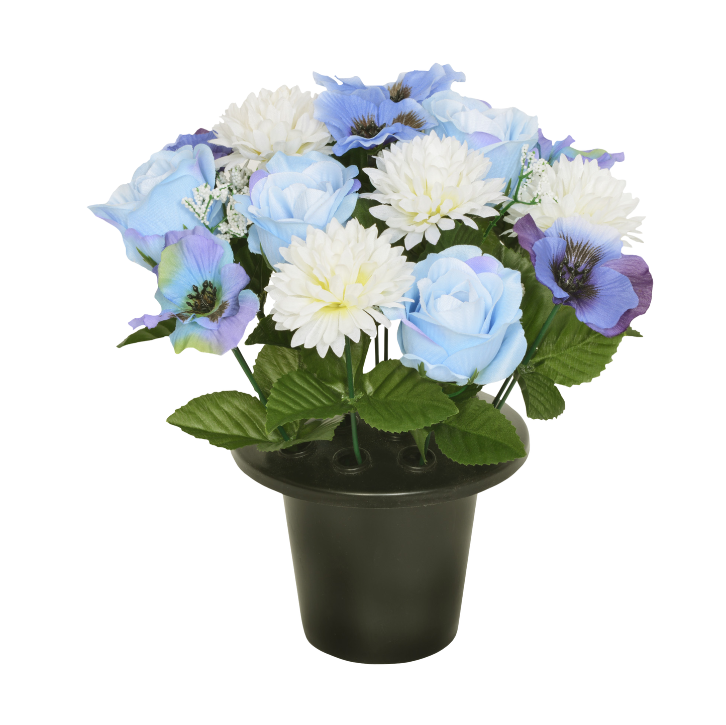 Premium Artificial Grave Flowers – 25cm Blue Rose With Chrysanthemum & Pansy | Memorial Vase Pot