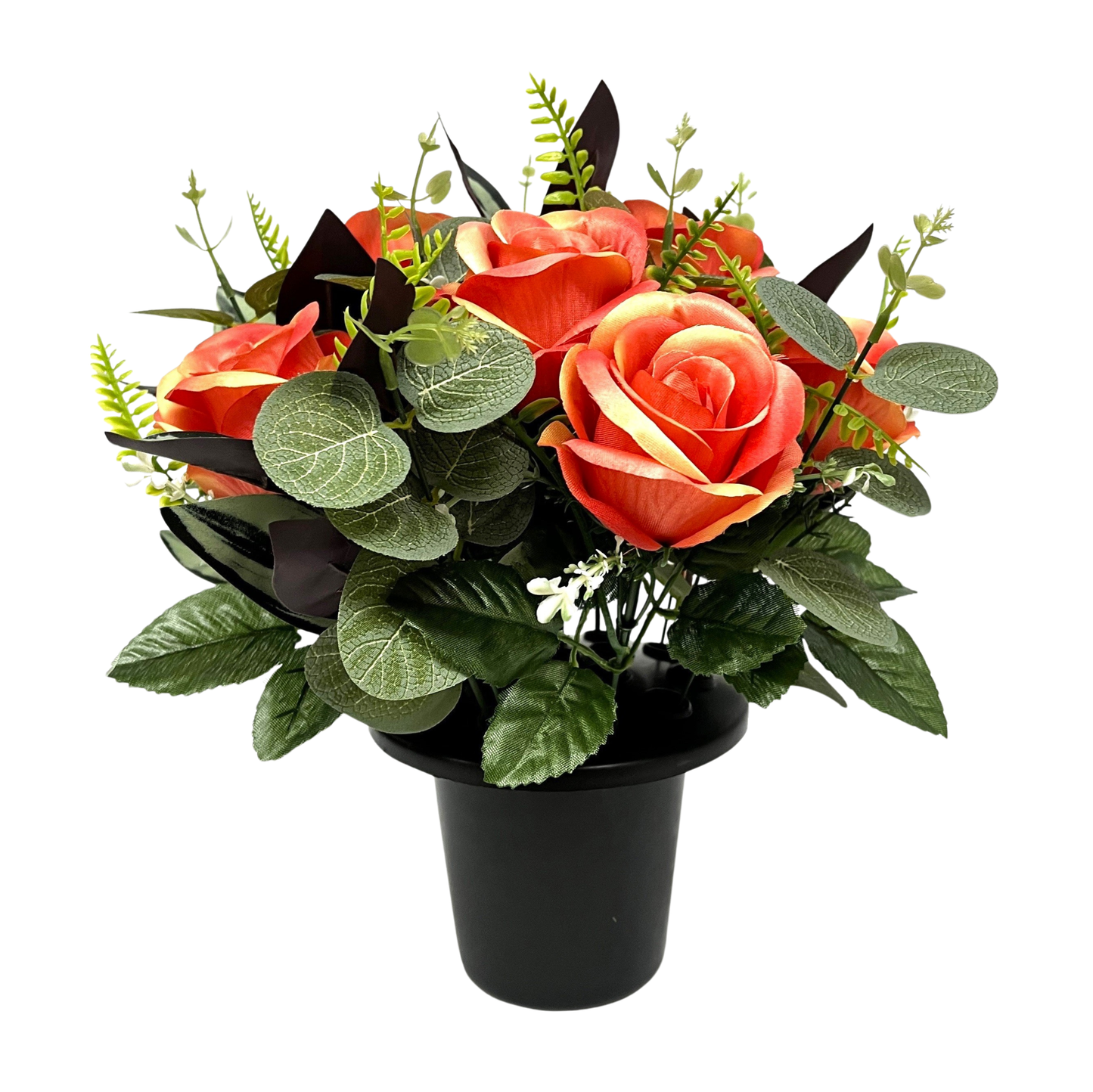 Premium Artificial Grave Flowers – 25cm Salmon Open Rose With Eucalyptus | Memorial Vase Pot