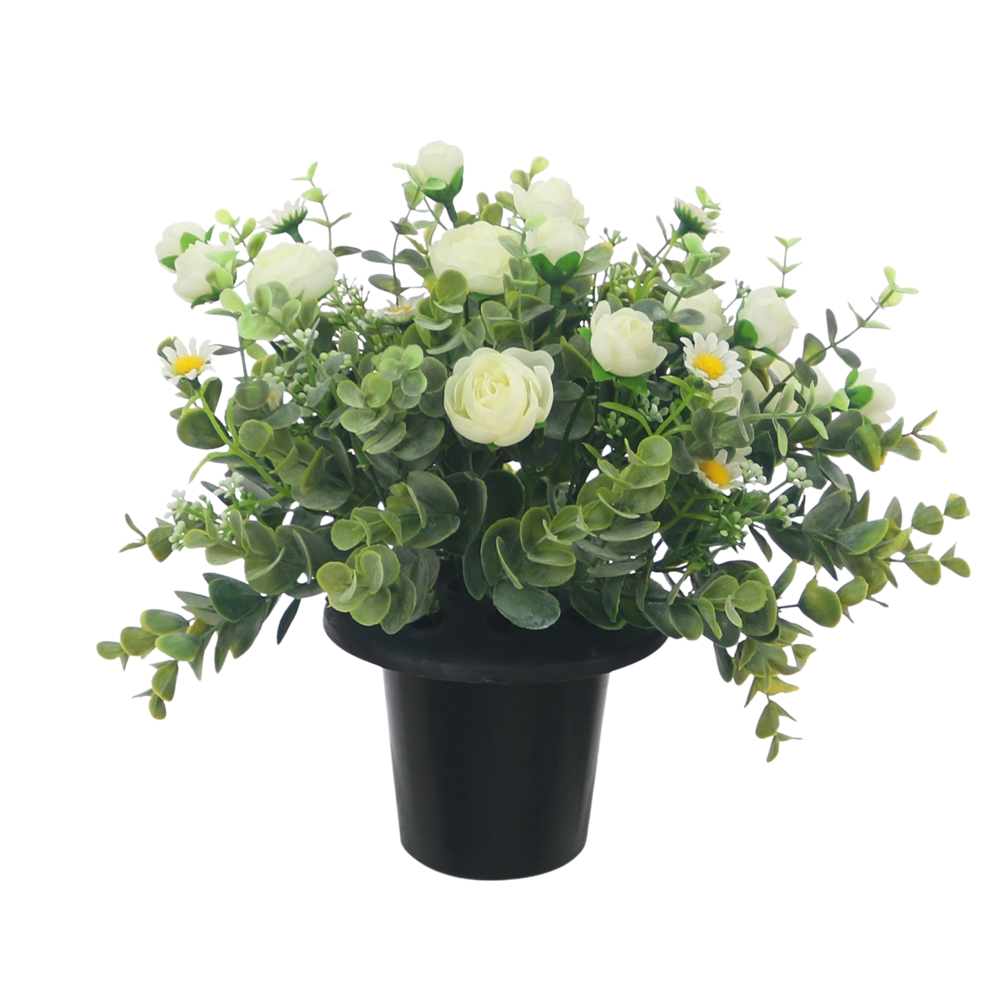Premium Artificial Grave Flowers – 25cm Cream Daisy With Ranunculus & Berry | Memorial Vase Pot