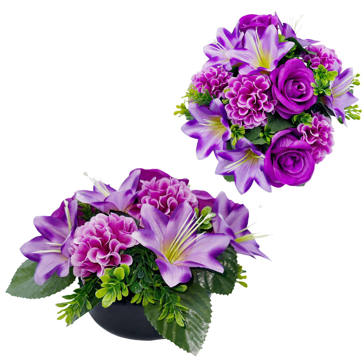 Premium Artificial Grave Flowers – 24cm Purple Rose With Lily & Chrysanthemum | Weighted Pot