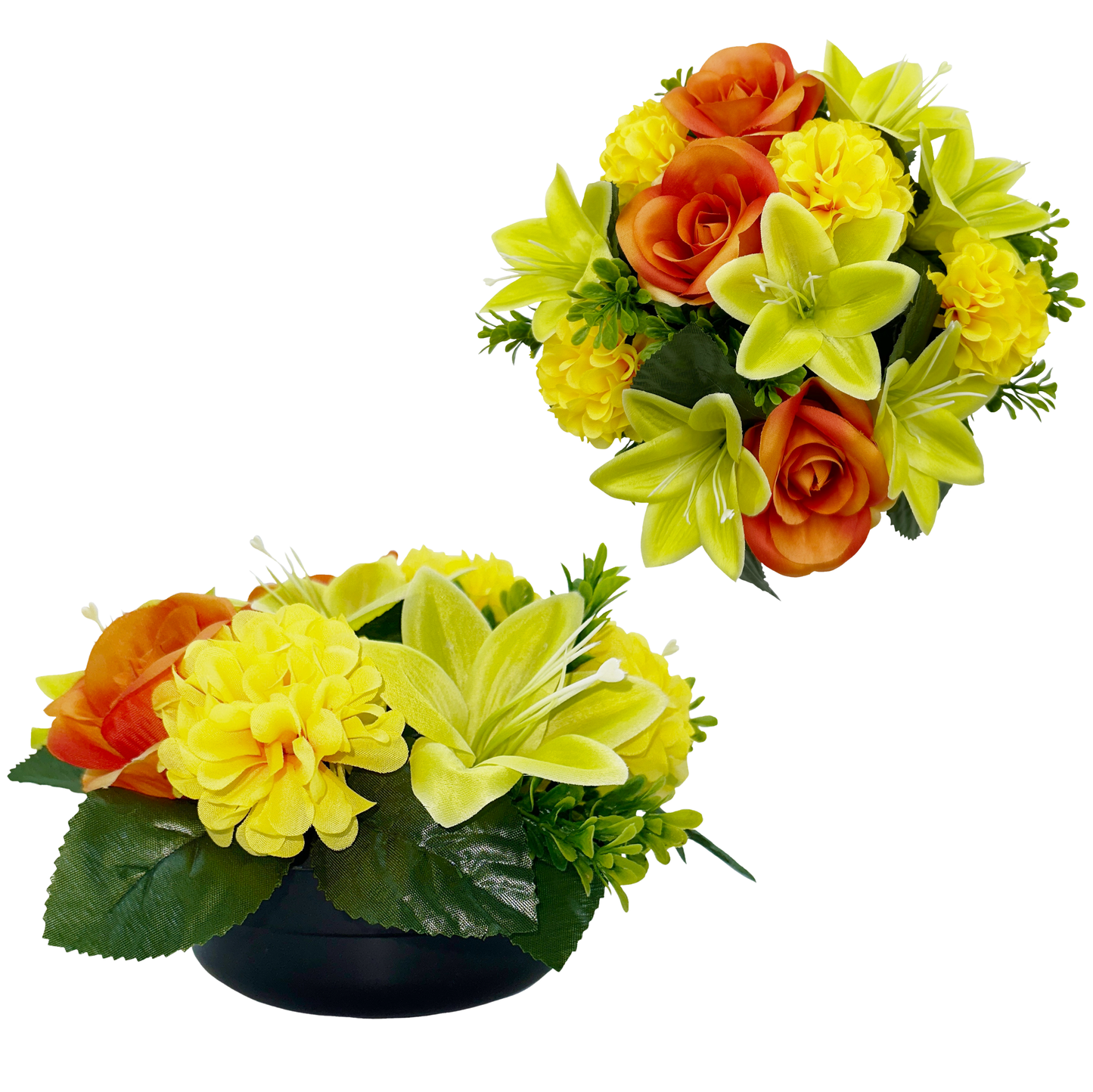 Premium Artificial Grave Flowers – 24cm Orange Rose With Lily & Chrysanthemum | Weighted Pot