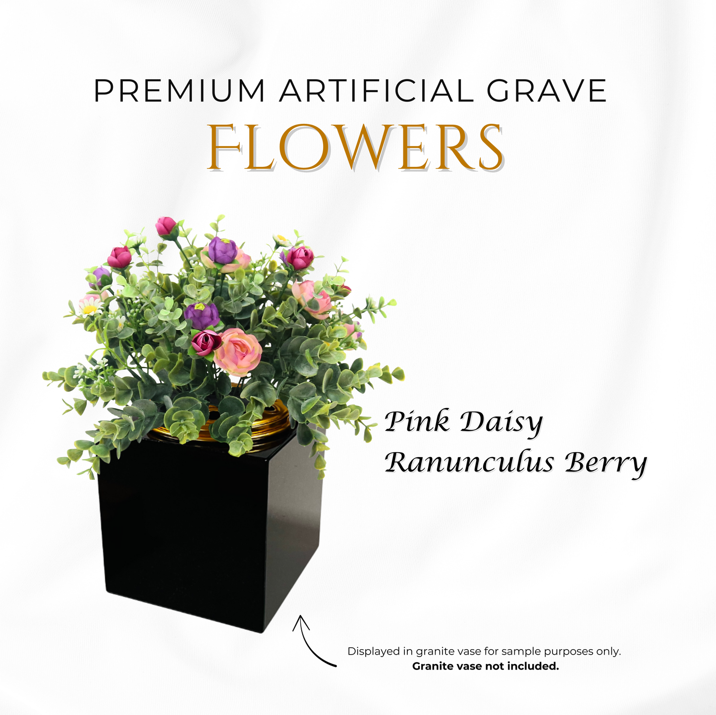 Premium Artificial Grave Flowers – Pink Daisies with Ranunculus & Berries (25cm) | Memorial Vase Pot