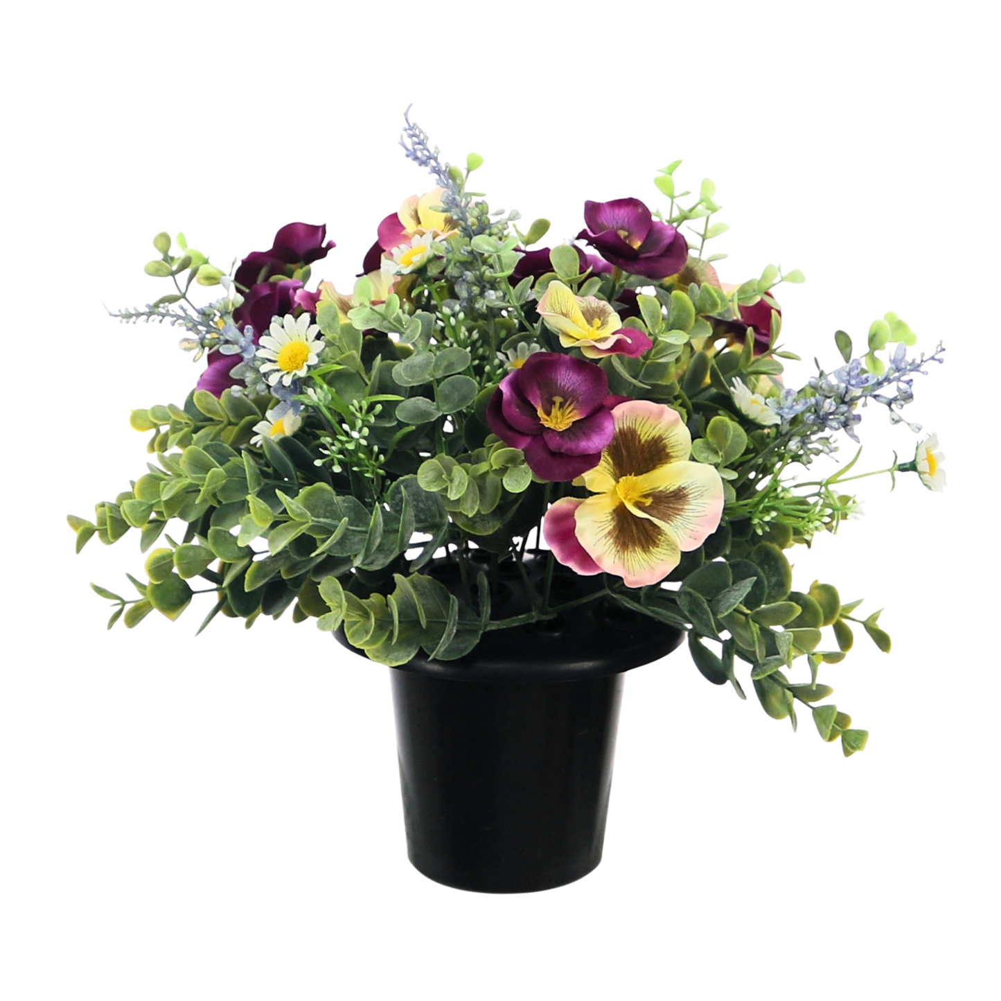Premium Artificial Grave Flowers – Yellow Pansies with Lavender & Daisies (25cm) | Memorial Vase Pot