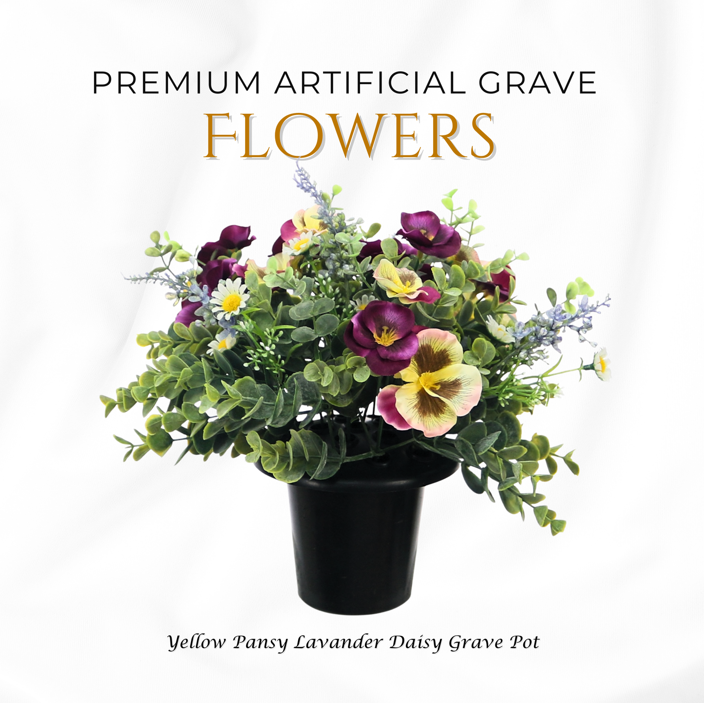 Premium Artificial Grave Flowers – Yellow Pansies with Lavender & Daisies (25cm) | Memorial Vase Pot