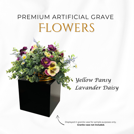 Premium Artificial Grave Flowers β Yellow Pansies with Lavender & Daisies (25cm) | Memorial Vase Pot