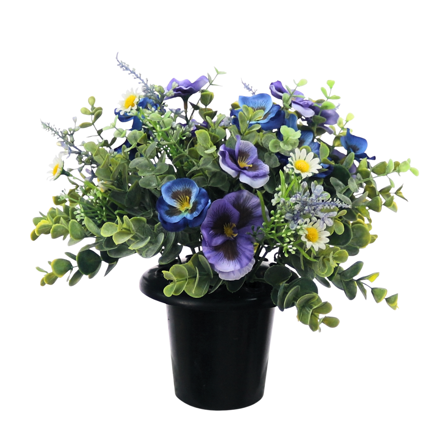 Premium Artificial Grave Flowers – Blue Pansies with Lavender & Daisies (25cm) | Memorial Vase Pot