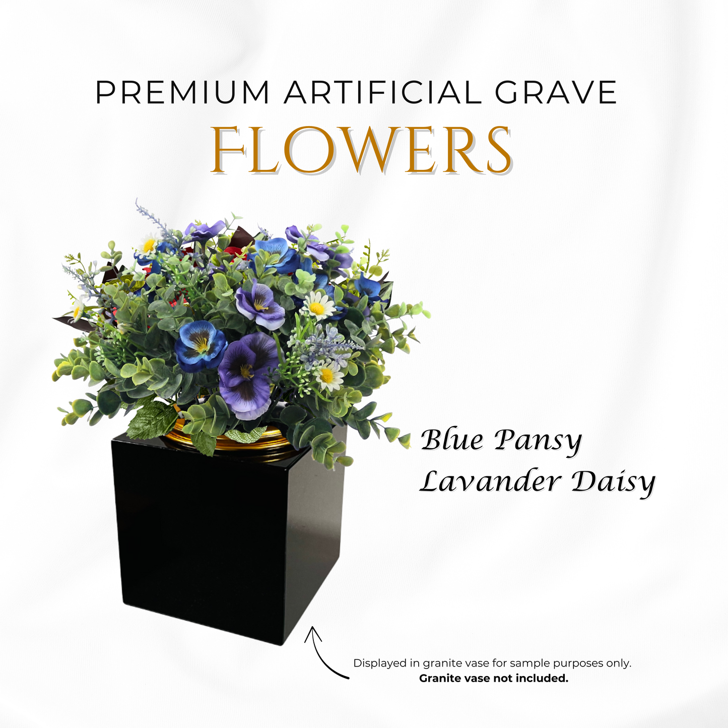 Premium Artificial Grave Flowers – Blue Pansies with Lavender & Daisies (25cm) | Memorial Vase Pot