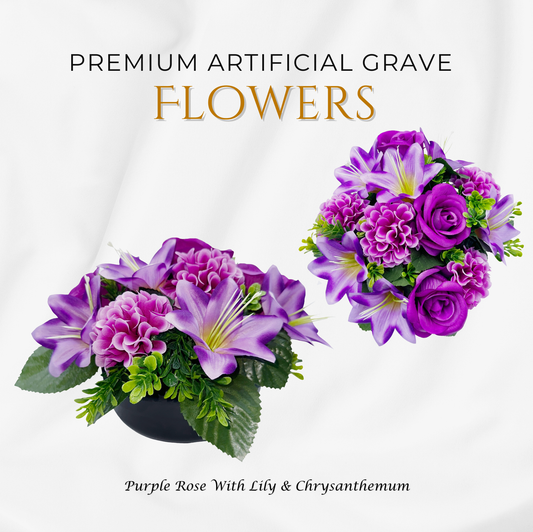 Premium Artificial Grave Flowers β 24cm Purple Rose With Lily & Chrysanthemum | Weighted Pot