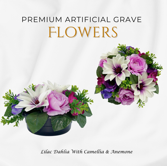 Premium Artificial Grave Flowers β 24cm Lilac Dahlia With Camellia & Anemone | Weighted Pot