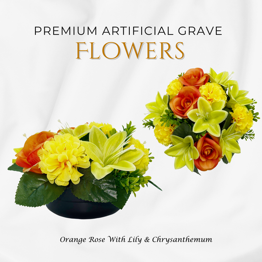 Premium Artificial Grave Flowers β 24cm Orange Rose With Lily & Chrysanthemum | Weighted Pot