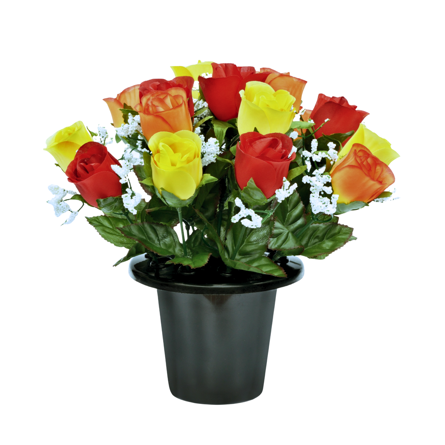 Premium Artificial Grave Flowers – 25cm Orange Rosebud With Gypsophila | Memorial Vase Pot