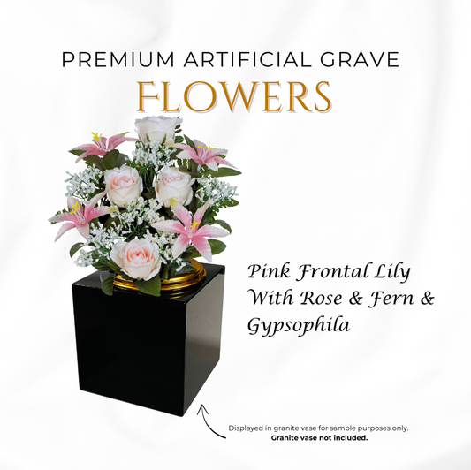 Premium Artificial Grave Flowers β 29cm Pink Frontal Lily With Rose & Fern & Gypsophila | Memorial Vase Pot