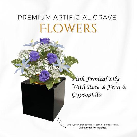 Premium Artificial Grave Flowers β 29cm Blue Frontal Lily With Rose & Fern & Gypsophila | Memorial Vase Pot