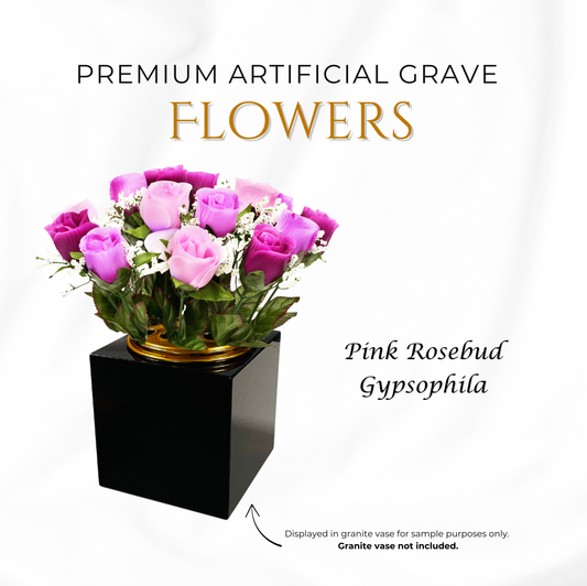 Premium Artificial Grave Flowers β 25cm Purple Rosebud With Gypsophila | Memorial Vase Pot