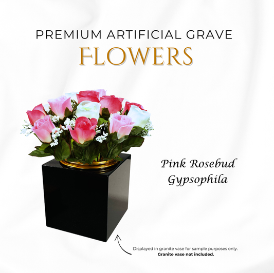 Premium Artificial Grave Flowers β 25cm Pink Rosebud With Gypsophila | Memorial Vase Pot