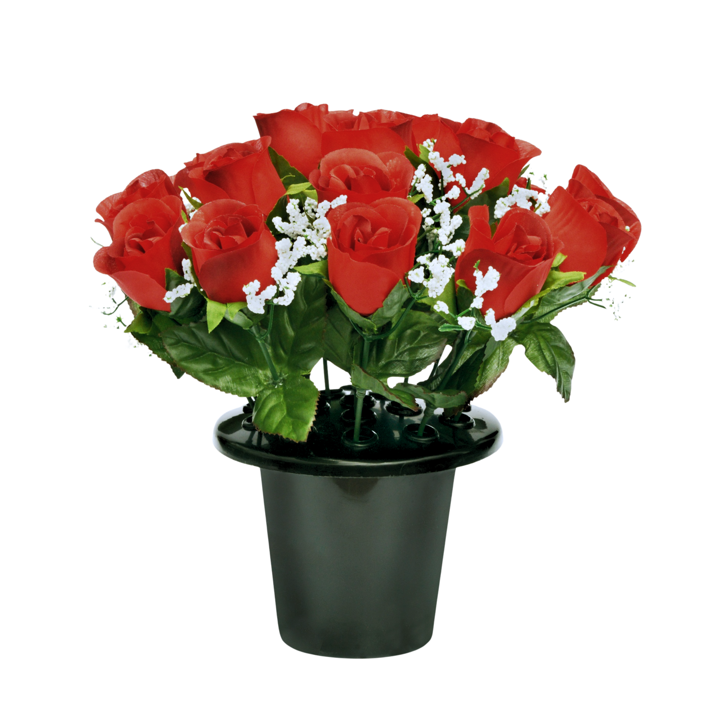 Premium Artificial Grave Flowers – 25cm Red Rosebud With Gypsophila | Memorial Vase Pot