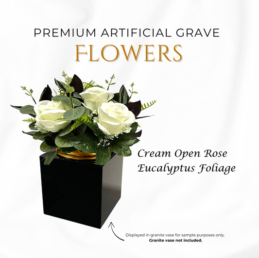 Premium Artificial Grave Flowers β Cream Open Roses with Eucalyptus (25cm) | Memorial Vase Pot