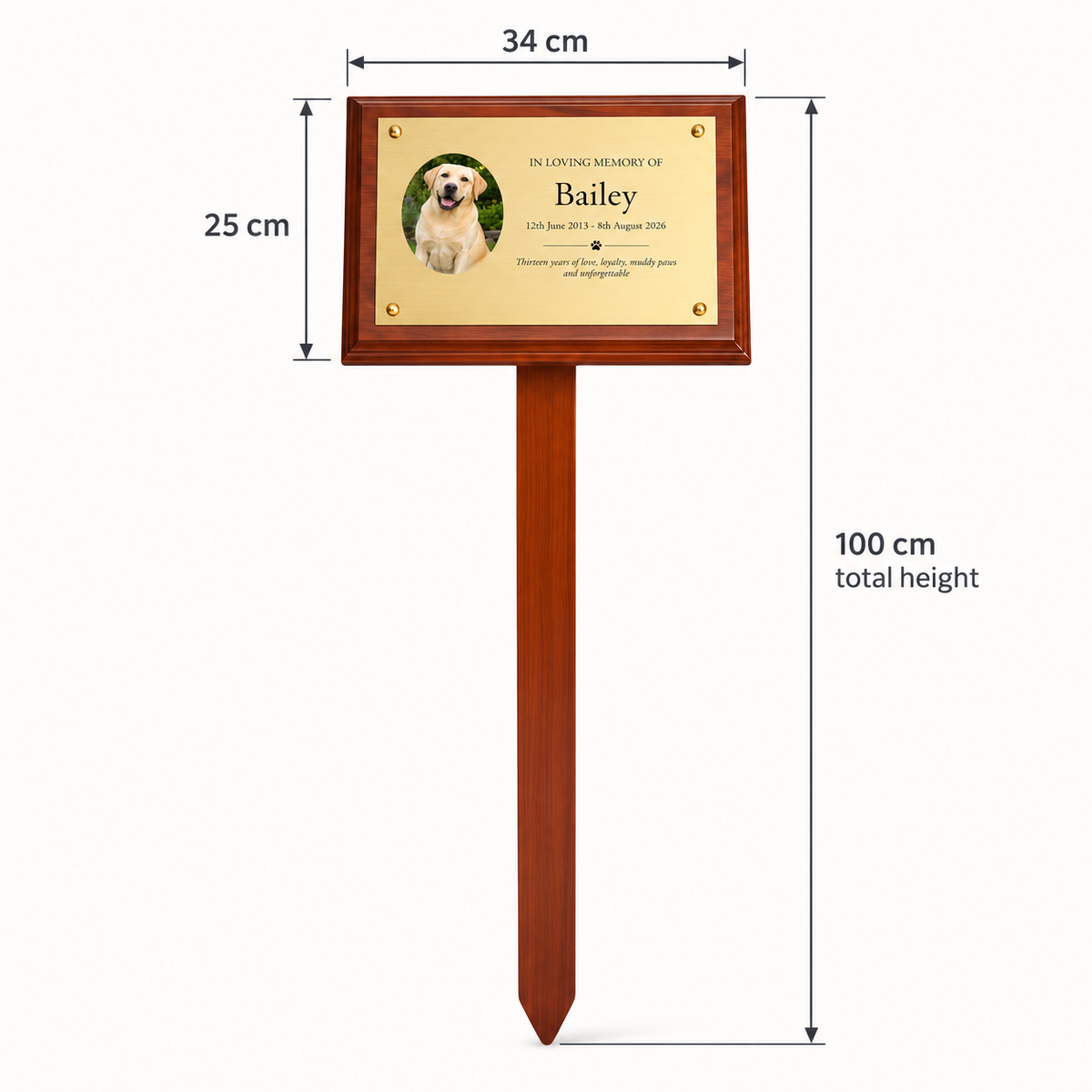 Personalised Mahogany Memorial Plaque on Stake, Dog Photo Design